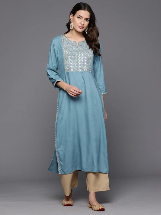 Blue Embroidered Straight Kurtas