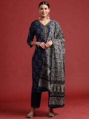 Blue Printed Straight Kurta Trousers With Dupatta set