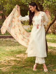 White Embroidered Straight Kurta Trousers With Dupatta set