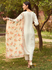 White Embroidered Straight Kurta Trousers With Dupatta set