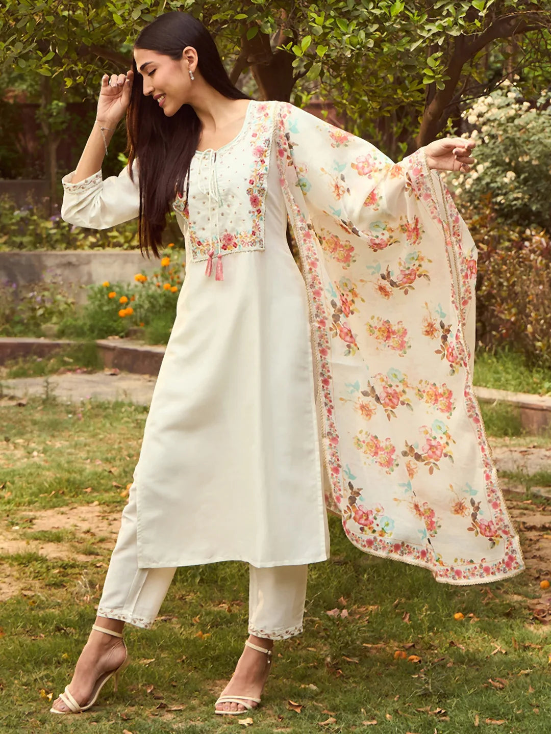 White Embroidered Straight Kurta Trousers With Dupatta set