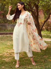 White Embroidered Straight Kurta Trousers With Dupatta set