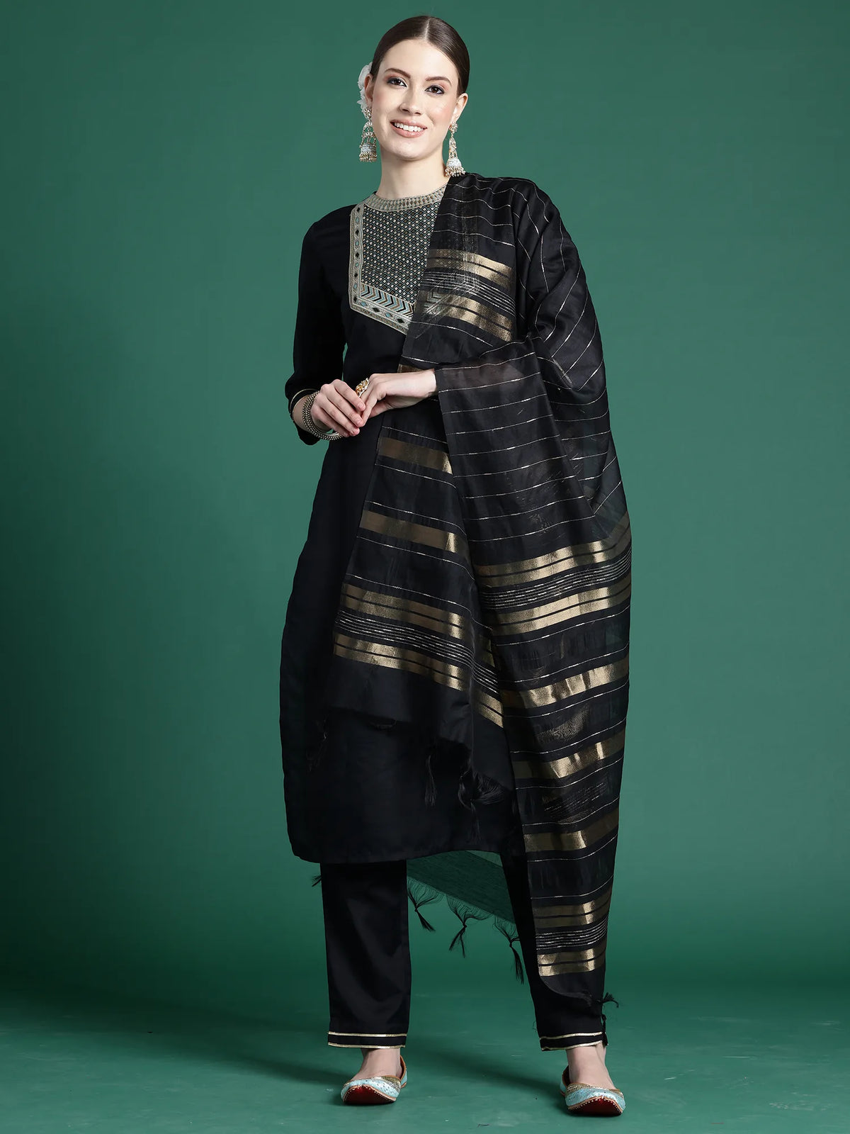 Black Self Design Straight Kurta Trousers With Dupatta set