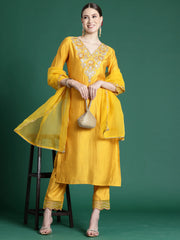 Yellow Embroidered Straight Kurta Trousers With Dupatta set