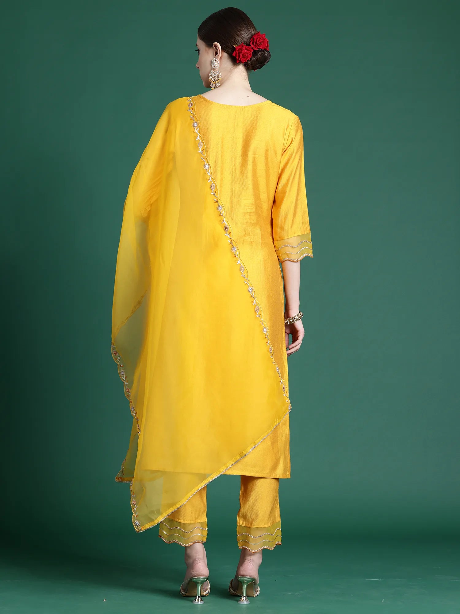 Yellow Embroidered Straight Kurta Trousers With Dupatta set