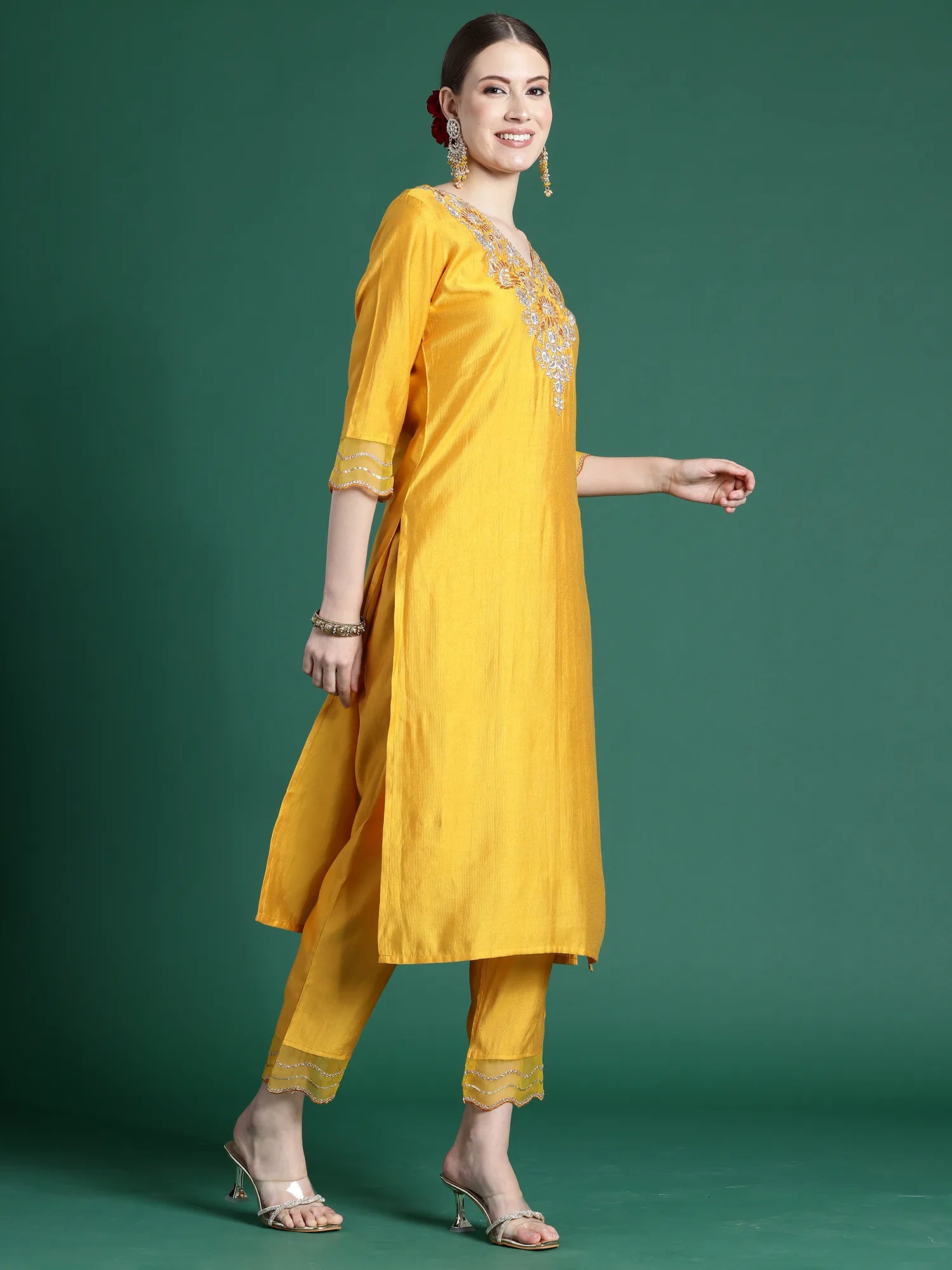 Yellow Embroidered Straight Kurta Trousers With Dupatta set