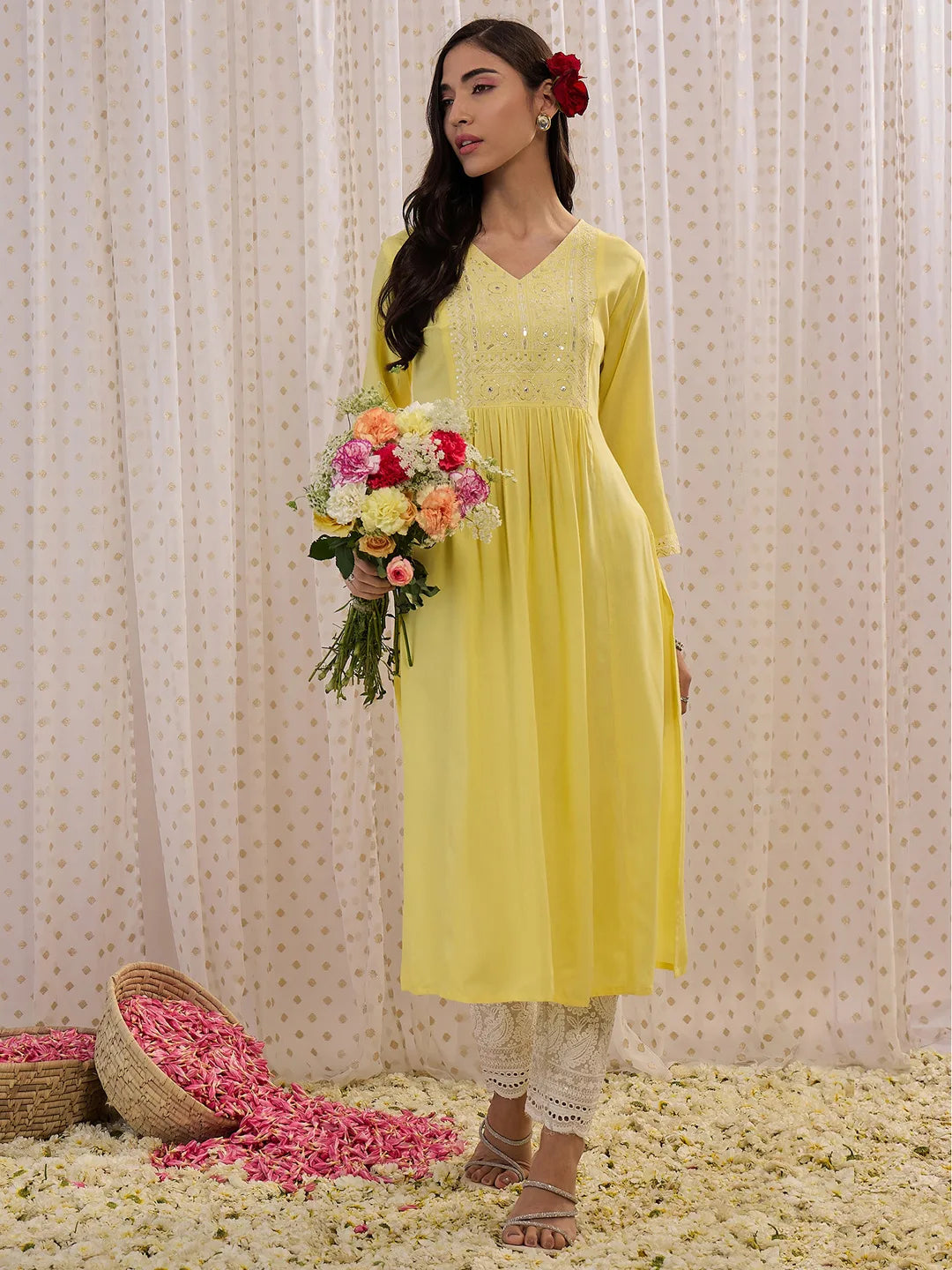 Yellow Embroidered A-Line Kurtas