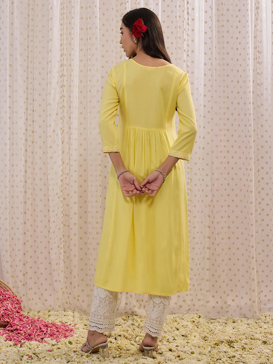 Yellow Embroidered A-Line Kurtas