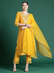 Yellow Embroidered Straight Kurta Trousers With Dupatta set