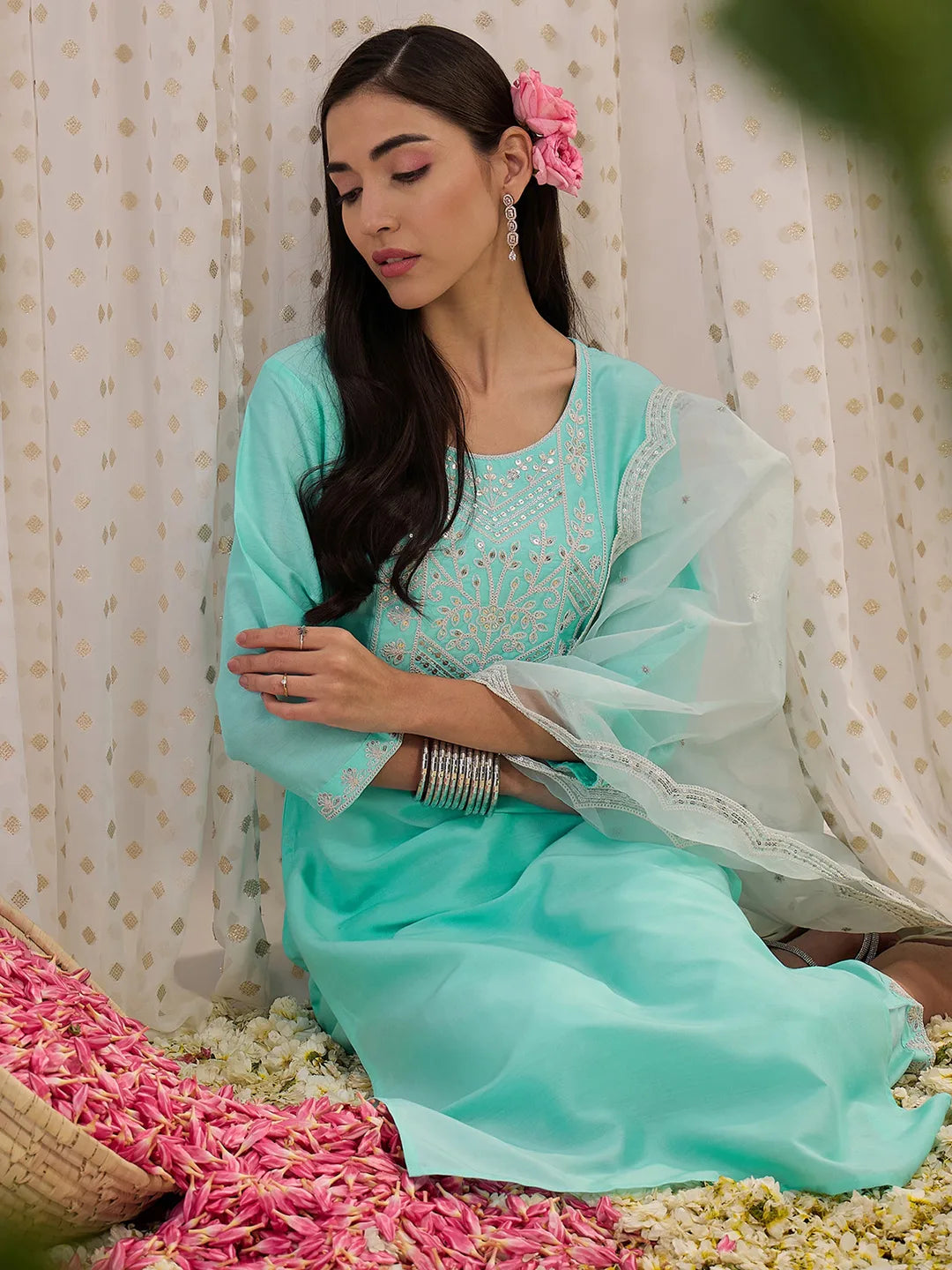 Blue Embroidered Straight Kurta Trousers With Dupatta set