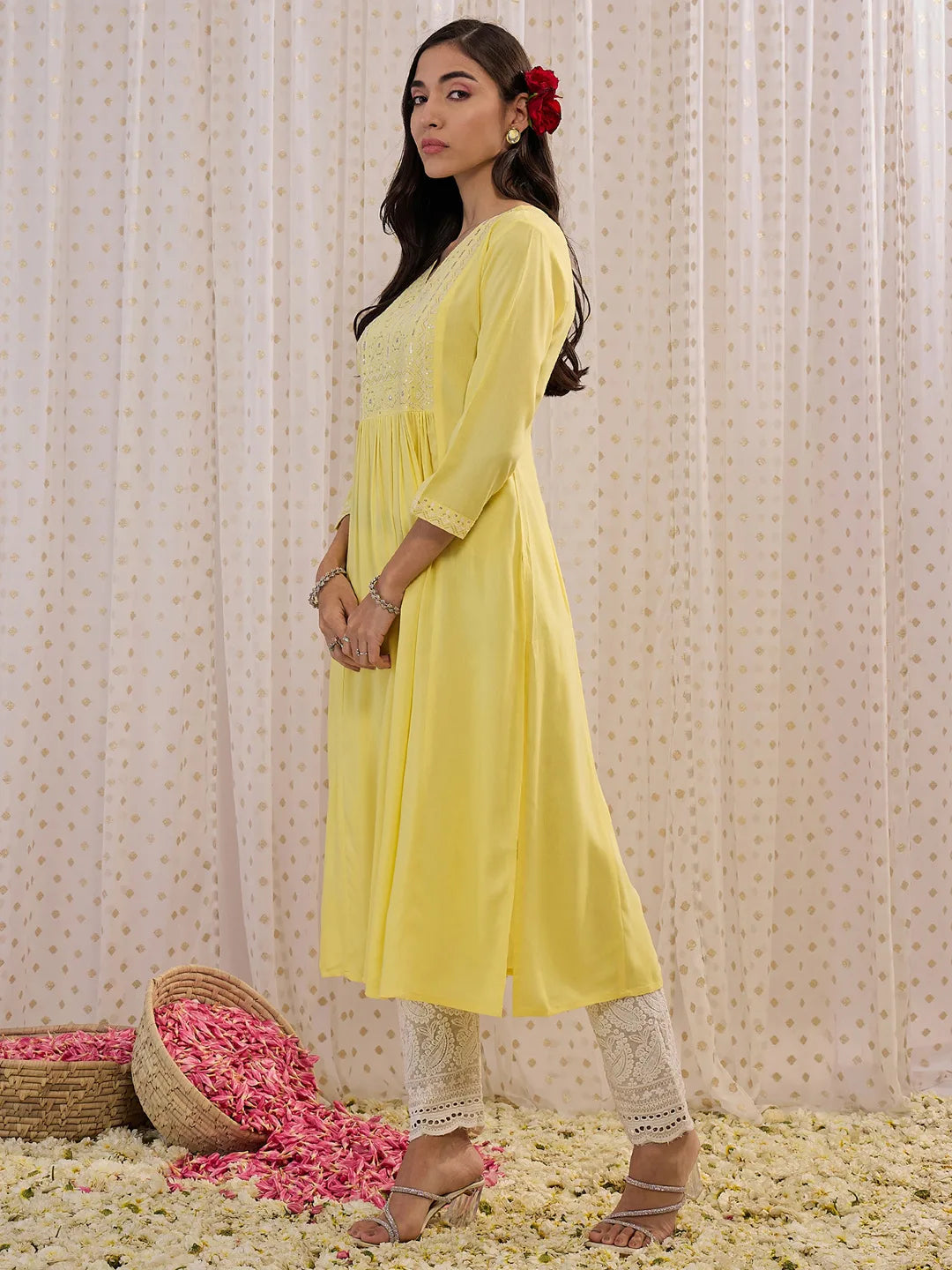 Yellow Embroidered A-Line Kurtas