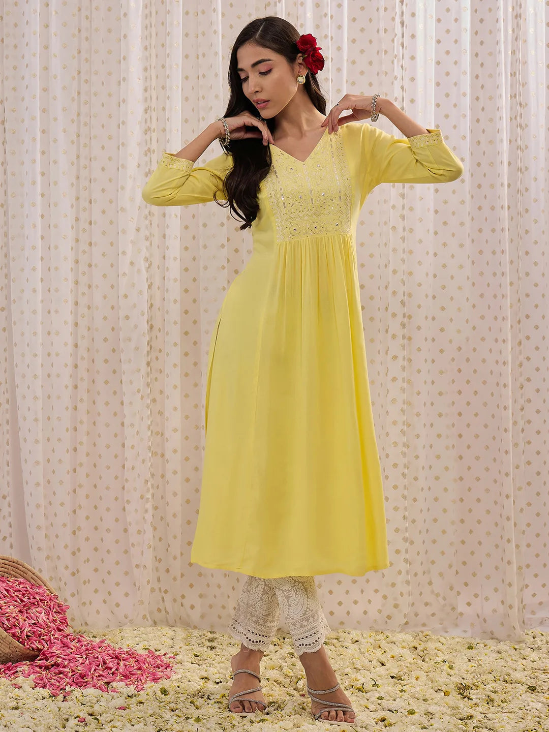 Yellow Embroidered A-Line Kurtas