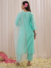 Blue Embroidered Straight Kurta Trousers With Dupatta set