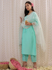 Blue Embroidered Straight Kurta Trousers With Dupatta set