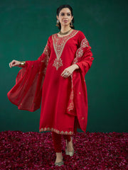 Red Embroidered Straight Kurta Trousers With Dupatta set