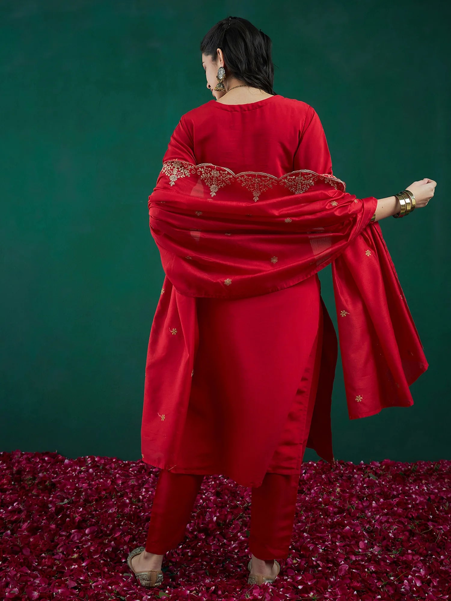 Red Embroidered Straight Kurta Trousers With Dupatta set