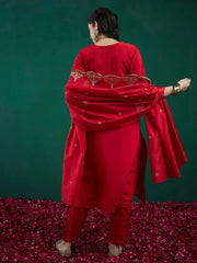 Red Embroidered Straight Kurta Trousers With Dupatta set