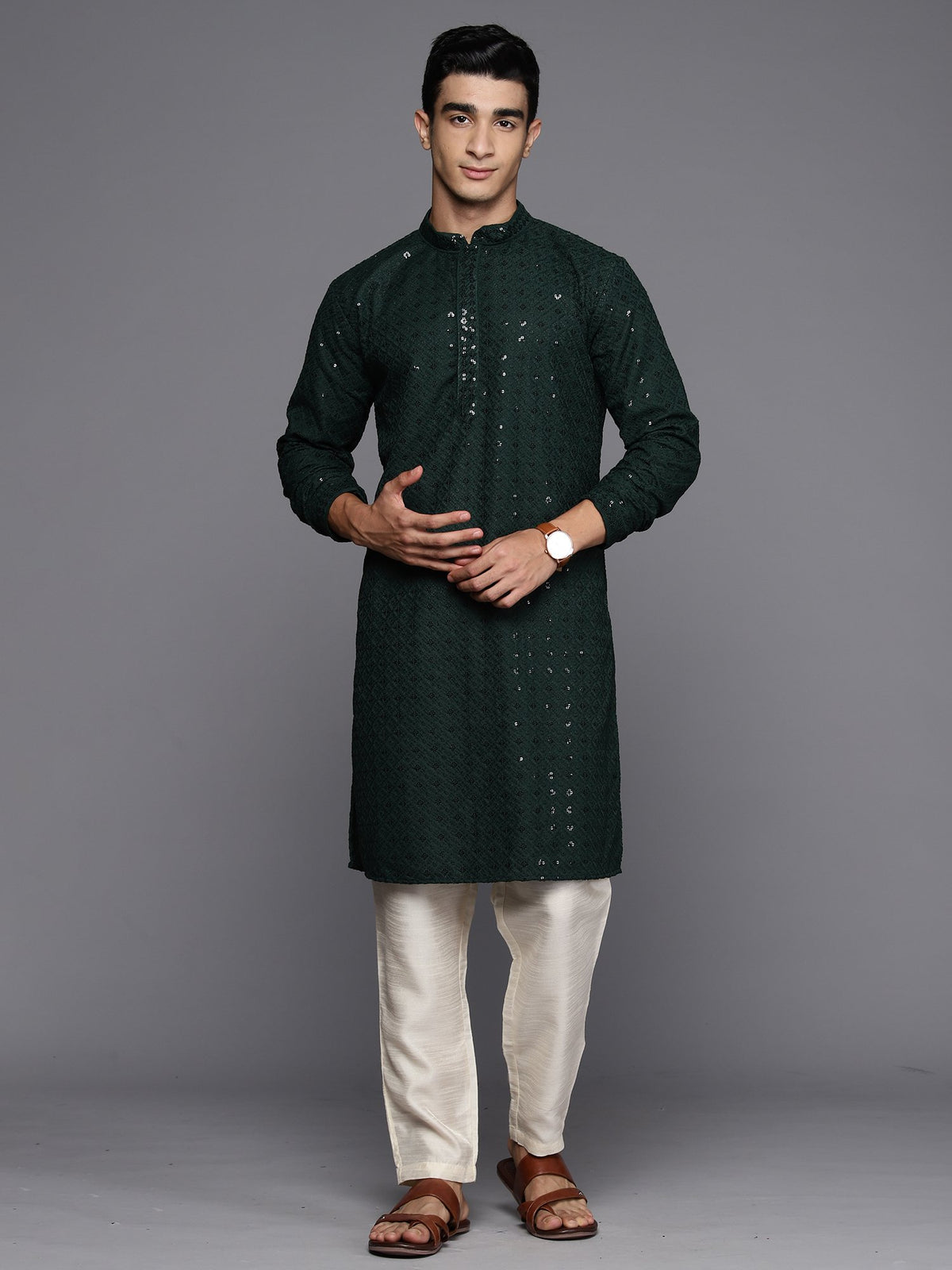 Men Green Floral Cotton Embroidered Straight Kurtas