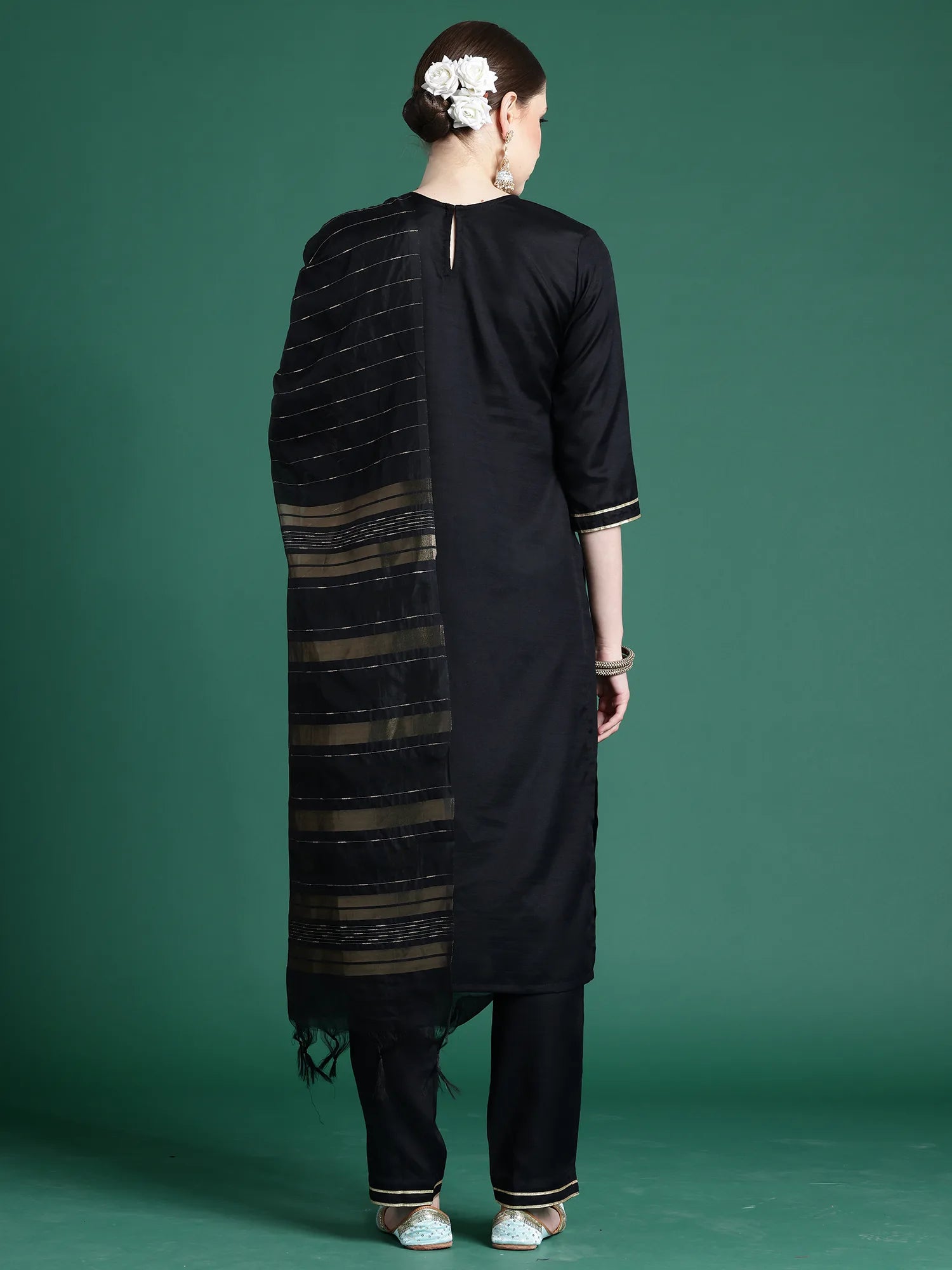 Black Self Design Straight Kurta Trousers With Dupatta set