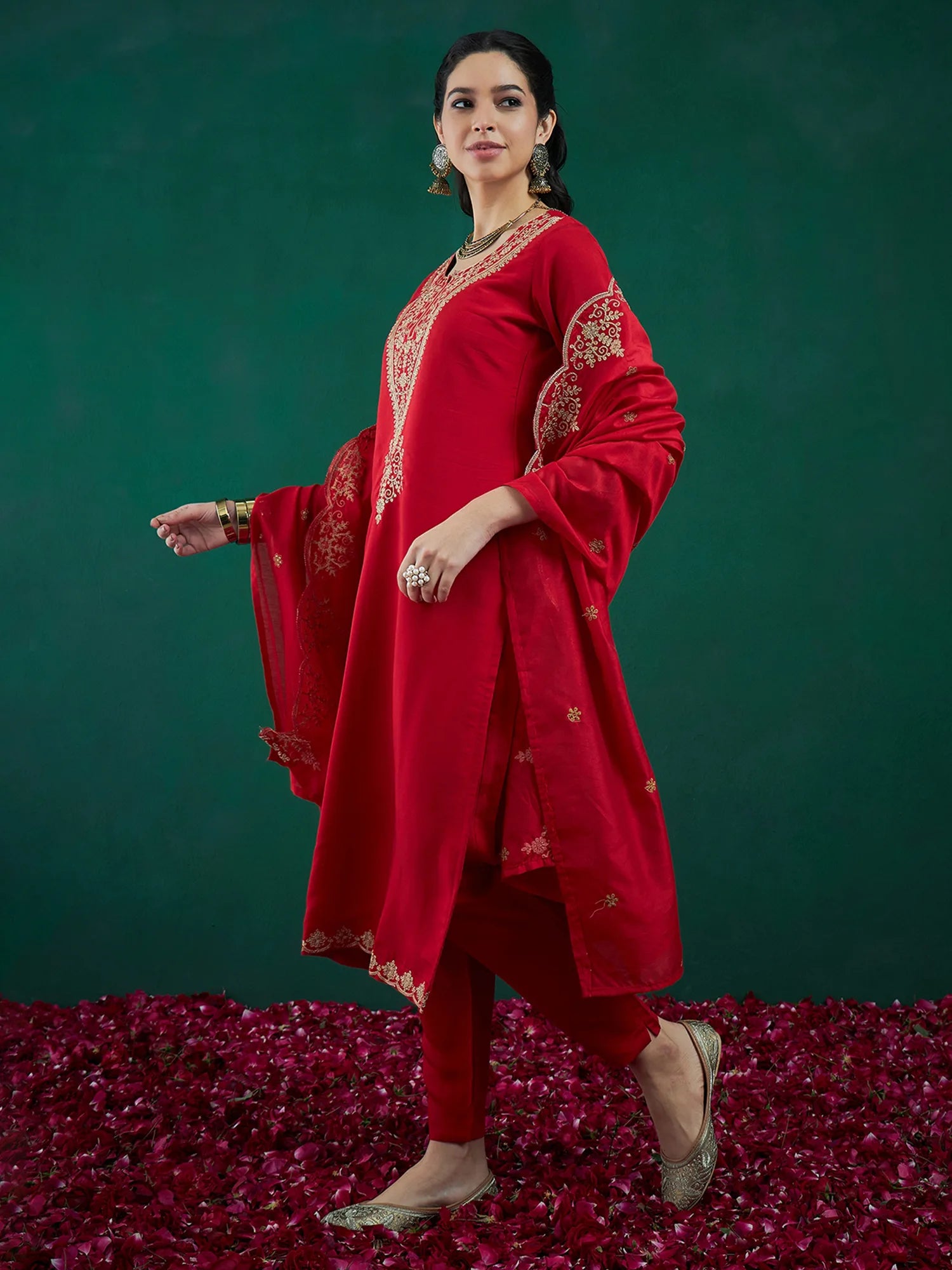 Red Embroidered Straight Kurta Trousers With Dupatta set