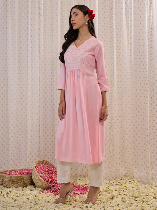 Pink Embroidered A-Line Kurtas