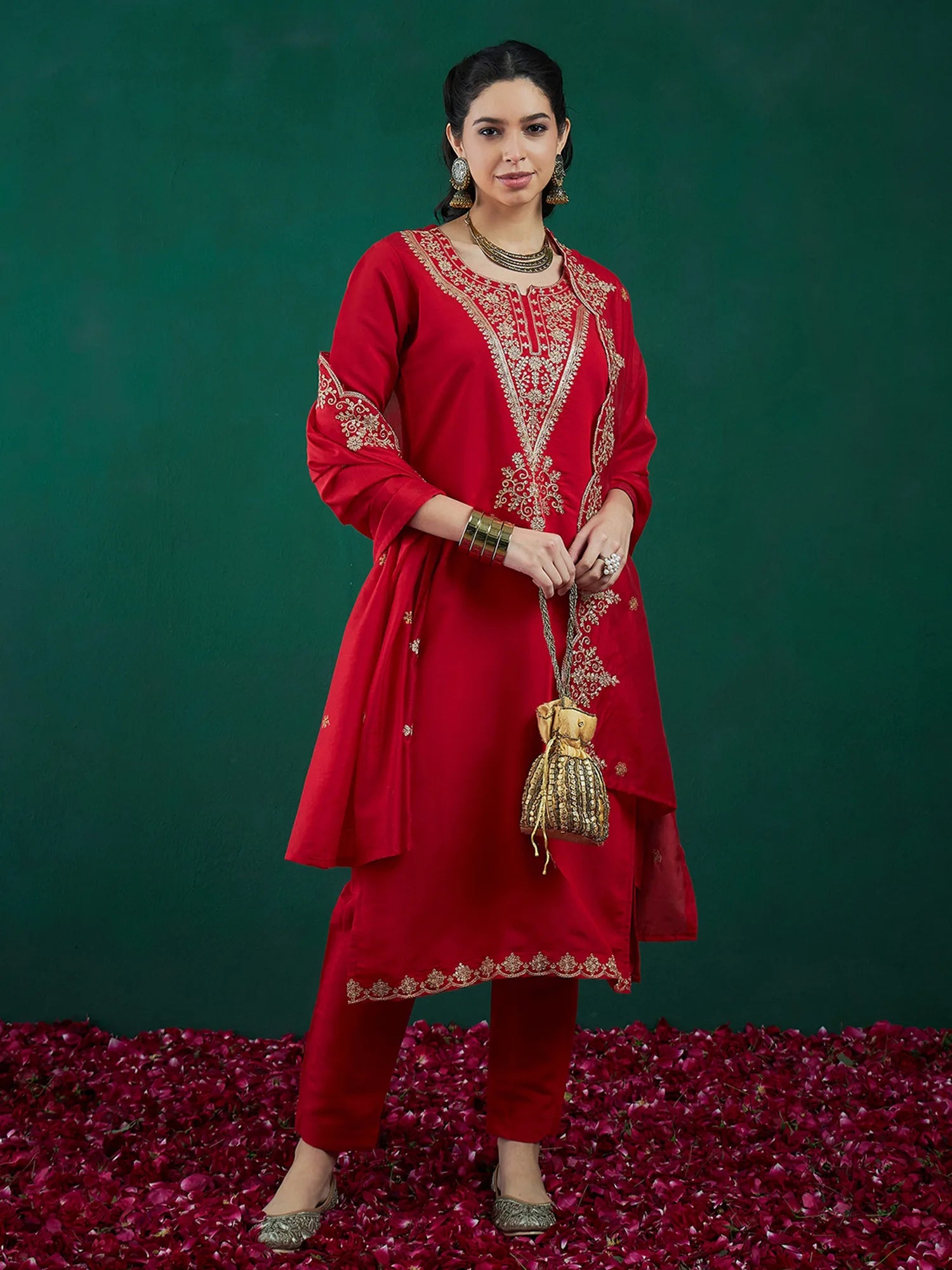 Red Embroidered Straight Kurta Trousers With Dupatta set