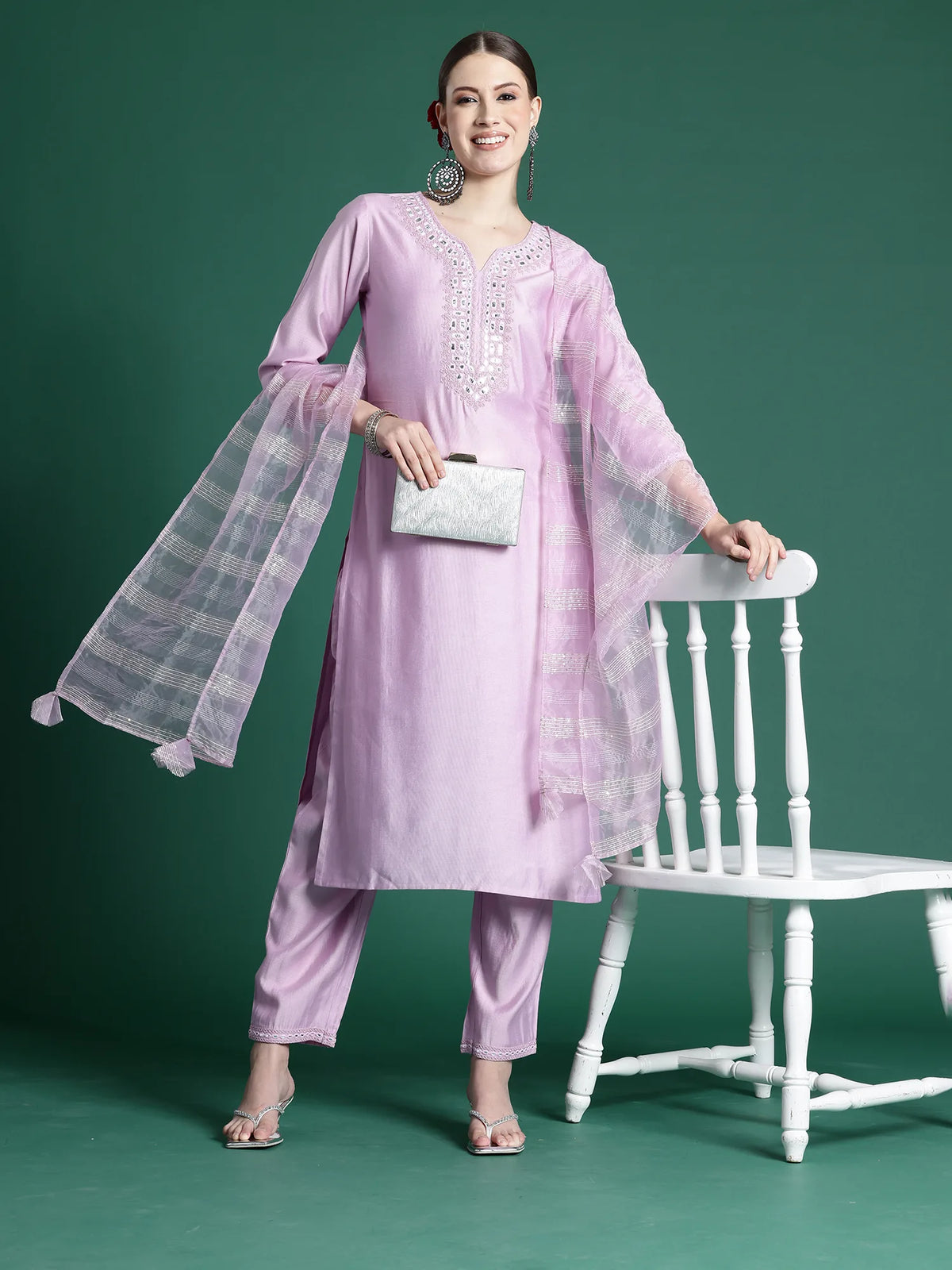 Lavender Embroidered Straight Kurta Trousers set