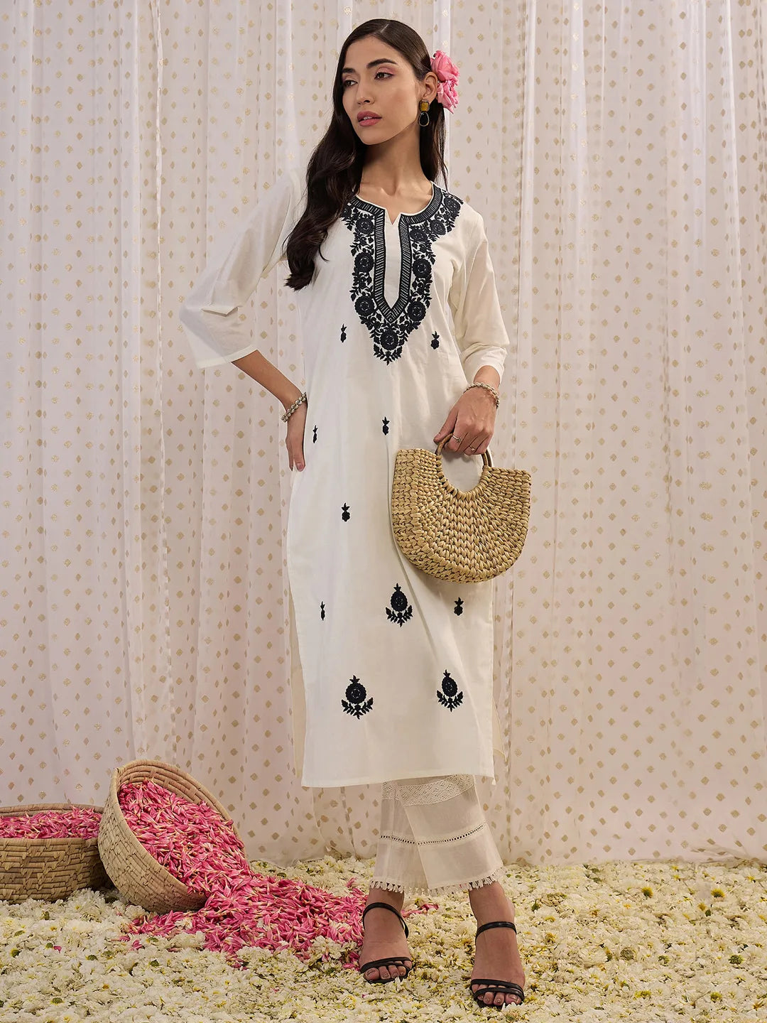 White Embroidered Straight Kurtas