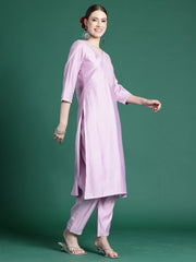 Lavender Embroidered Straight Kurta Trousers set