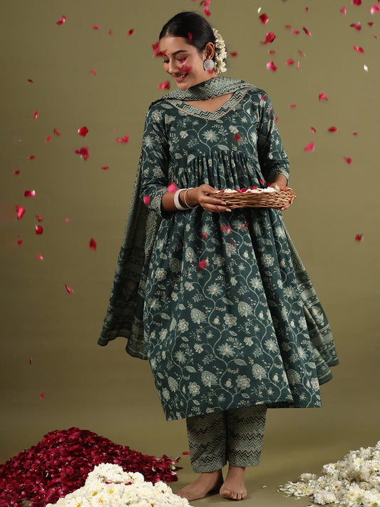 Green Printed A-Line Kurta Trousers With Dupatta set