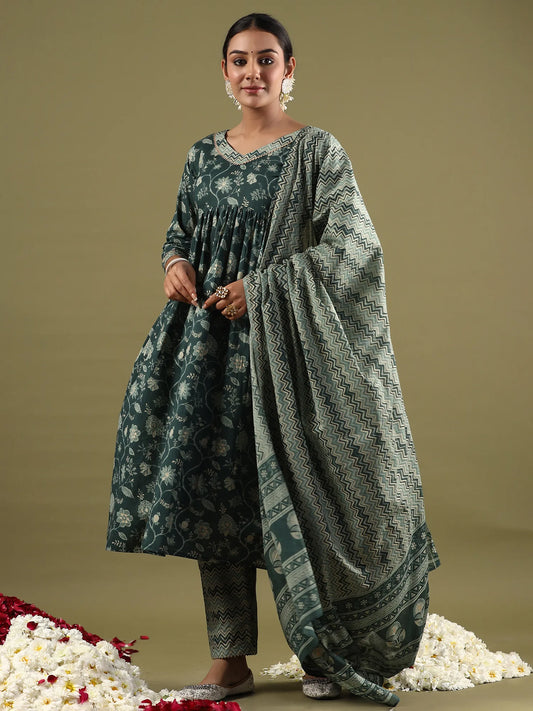 Green Printed A-Line Kurta Trousers With Dupatta set