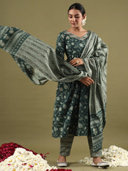 Green Printed A-Line Kurta Trousers With Dupatta set