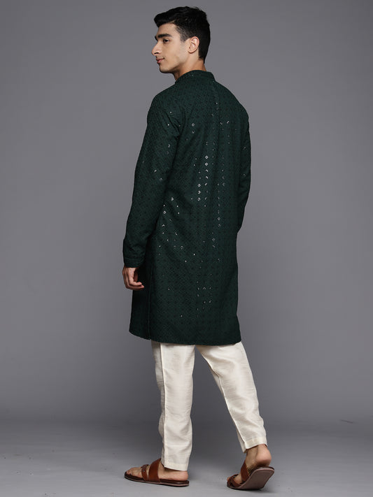 Men Green Floral Cotton Embroidered Straight Kurtas