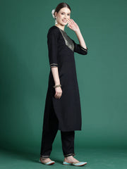 Black Self Design Straight Kurta Trousers With Dupatta set