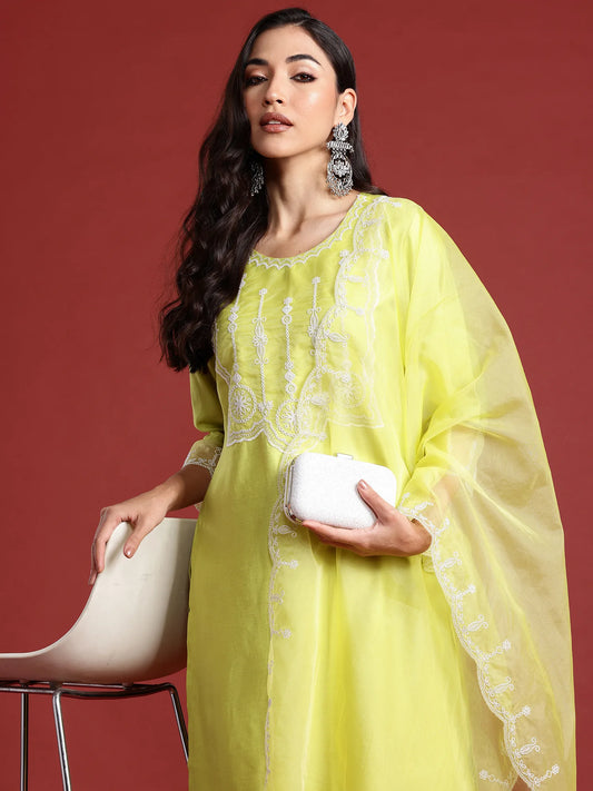 Green Embroidered Straight Kurta Trousers With Dupatta set