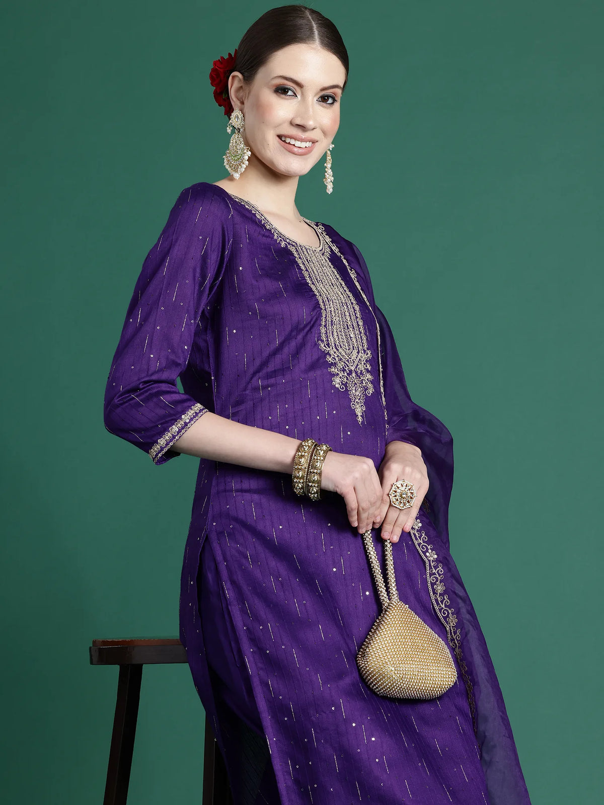 Purple Embroidered Straight Kurta Trousers With Dupatta set