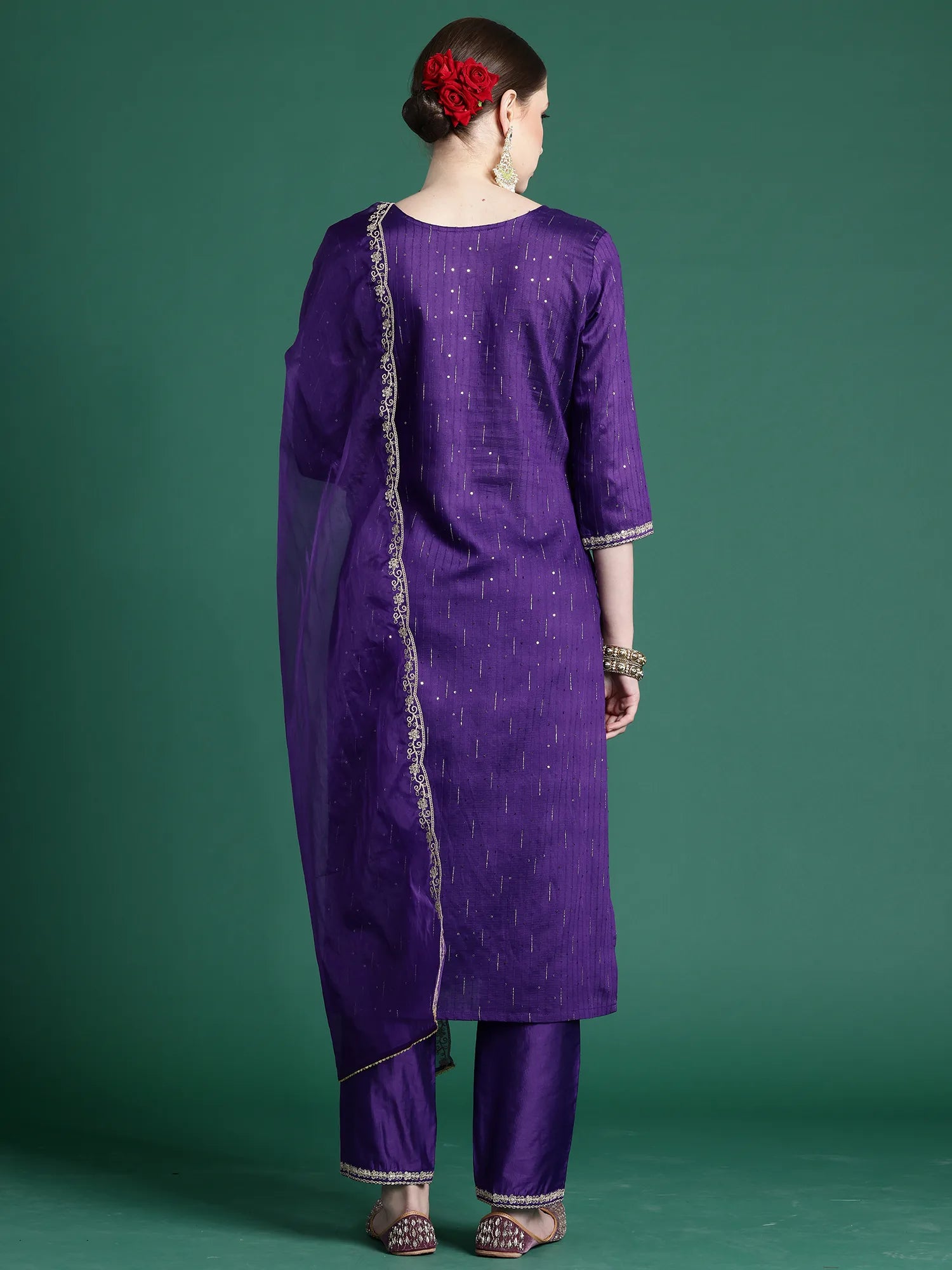 Purple Embroidered Straight Kurta Trousers With Dupatta set