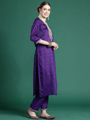 Purple Embroidered Straight Kurta Trousers With Dupatta set