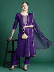 Purple Embroidered Straight Kurta Trousers With Dupatta set