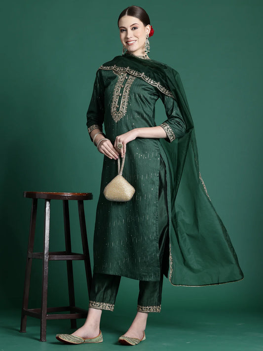 Green Embroidered Straight Kurta Trousers With Dupatta set