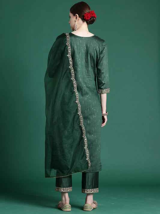 Green Embroidered Straight Kurta Trousers With Dupatta set