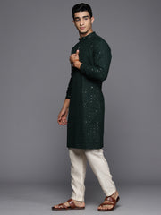 Men Green Floral Cotton Embroidered Straight Kurtas