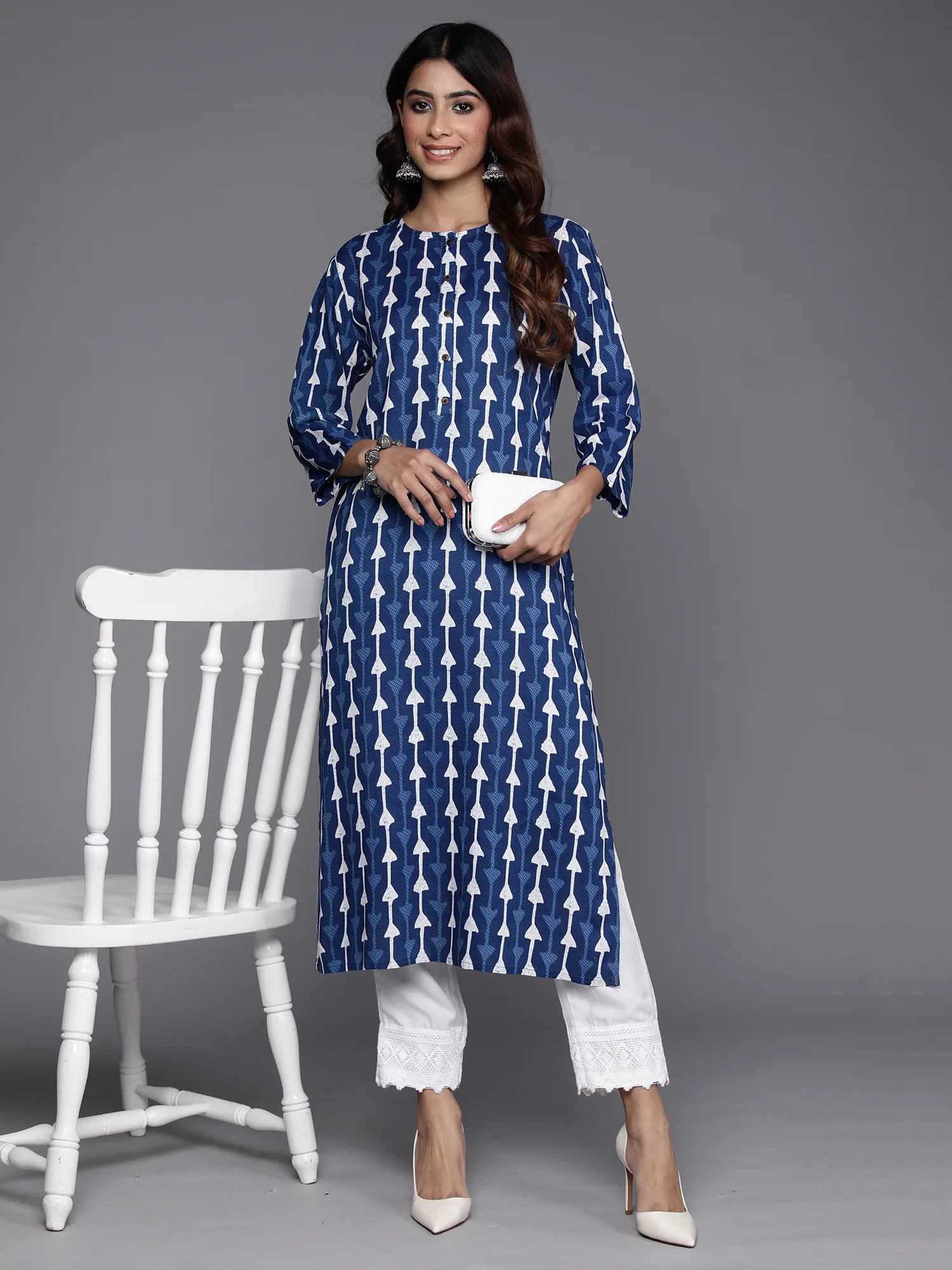 Navy Blue Printed Straight Kurtas