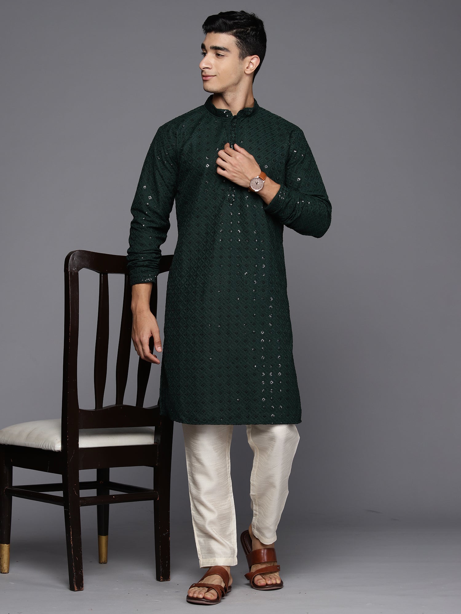 Men Green Floral Cotton Embroidered Straight Kurtas