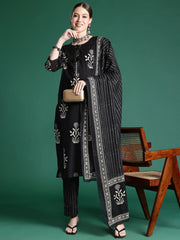 Black Printed Straight Kurta Trousers With Dupatta set