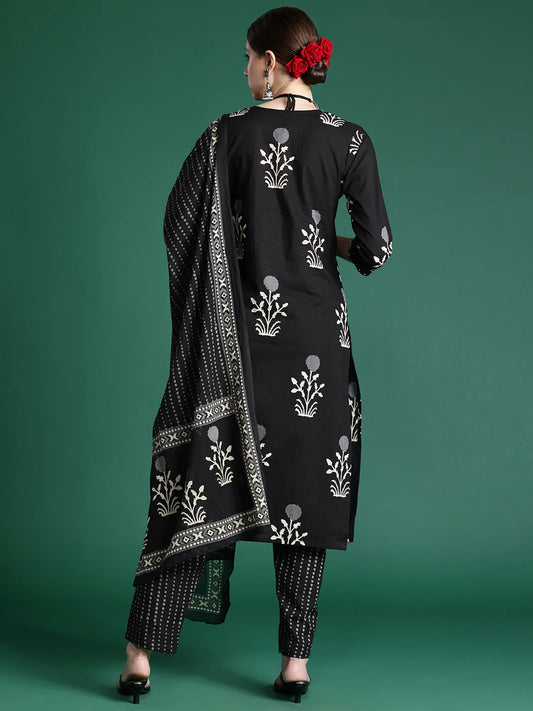 Black Printed Straight Kurta Trousers With Dupatta set