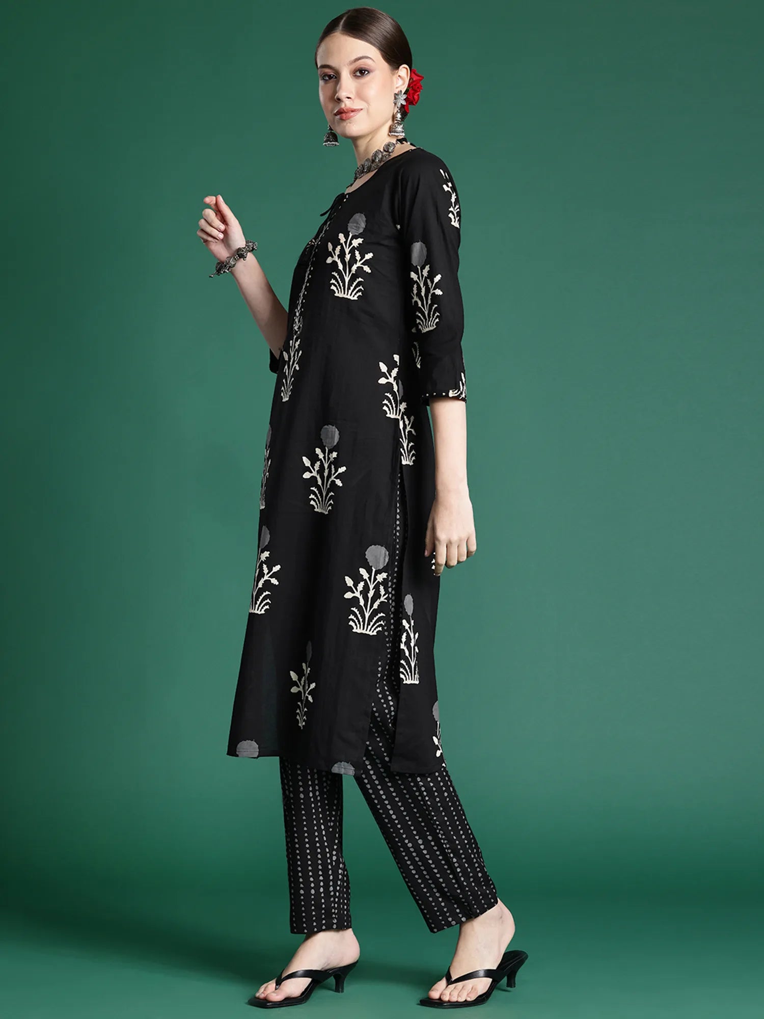 Black Printed Straight Kurta Trousers With Dupatta set