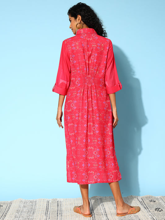 Indo Era Floral Print Shirt Midi Dress