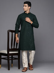 Men Green Floral Cotton Embroidered Straight Kurtas