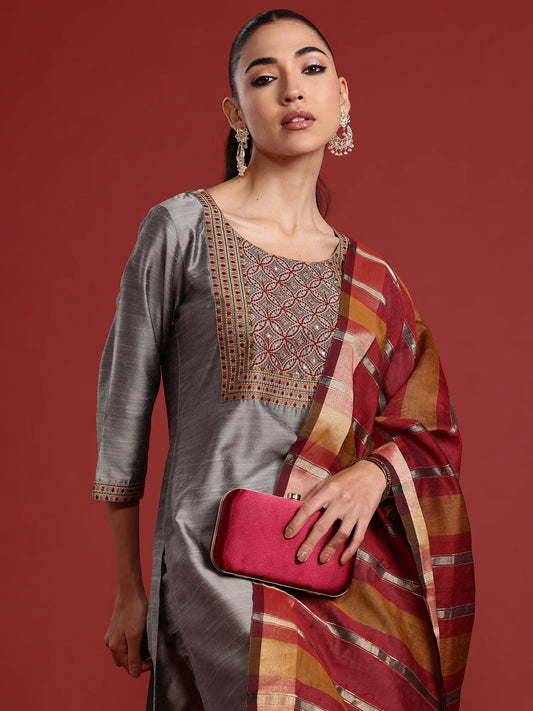 Grey Embroidered Straight Kurta Trousers With Dupatta Set